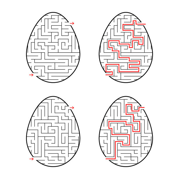 一组鸡蛋形状的迷宫。黑色的中风。儿童游戏。与答案。简单的平面矢量插图孤立在白色背景。图片下载