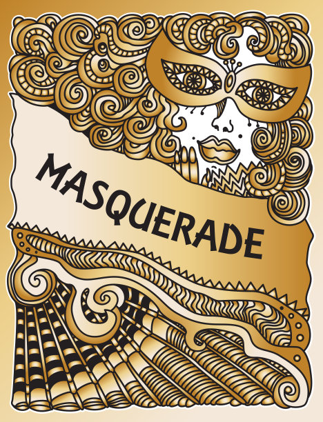 矢量抽象的假面舞画。嘉年华派对请帖。狂欢节的节日问候。黑色和金色手绘涂鸦草图。戴面具的女士，巴洛克式假发，扇子，蝴蝶结，卷轴，五彩纸屑图片下载