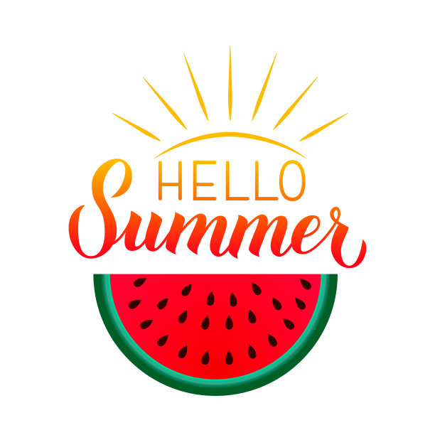 夏你好字用西瓜孤立上白。季节性的印刷海报。手写符号设计。矢量插图。易于编辑的旗帜，传单，贴纸模板。图片下载