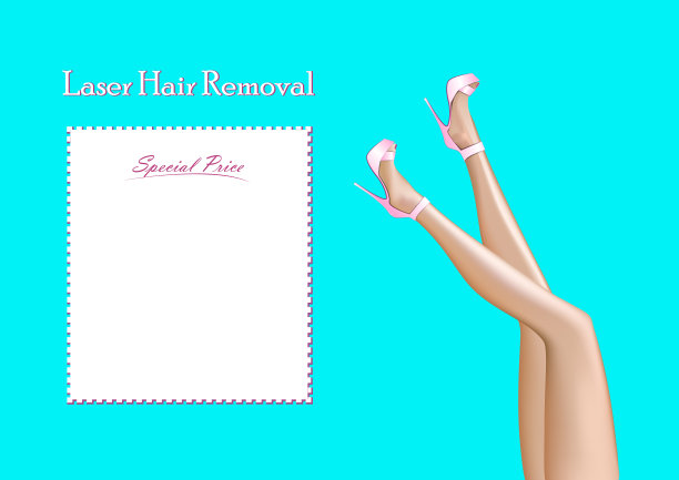 美丽光滑的女人的腿在高跟鞋和复制空间脱毛文本孤立在蓝绿色的背景，水平矢量插图图片下载