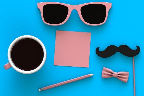 快乐的父亲“u2019年的节日概念与咖啡，胡子和眼镜在蓝色的背景，顶视图与复制空间，3d渲染图片下载