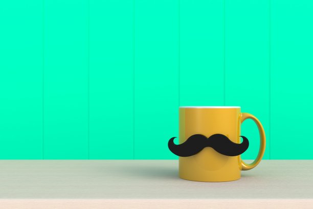 快乐父亲”u2019年的概念，近距离的咖啡与胡子在绿色的木材背景，复制空间，3d渲染图片下载