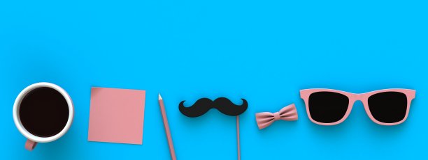 快乐的父亲节概念与咖啡，胡子和眼镜在蓝色的背景，顶视图与复制空间，3d渲染图片下载