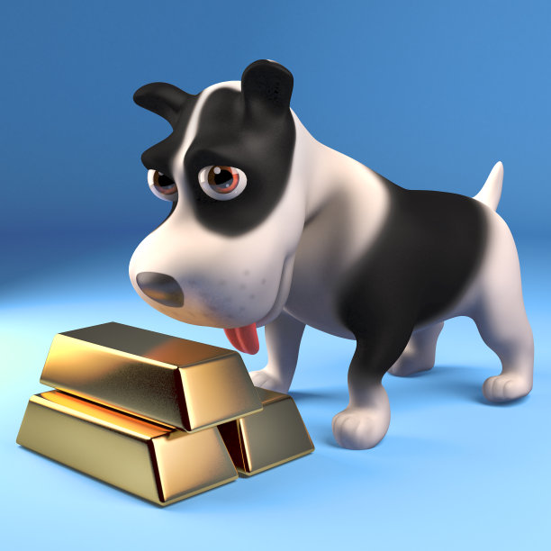有趣的黑白小狗看着他藏的金条，3d插图图片下载