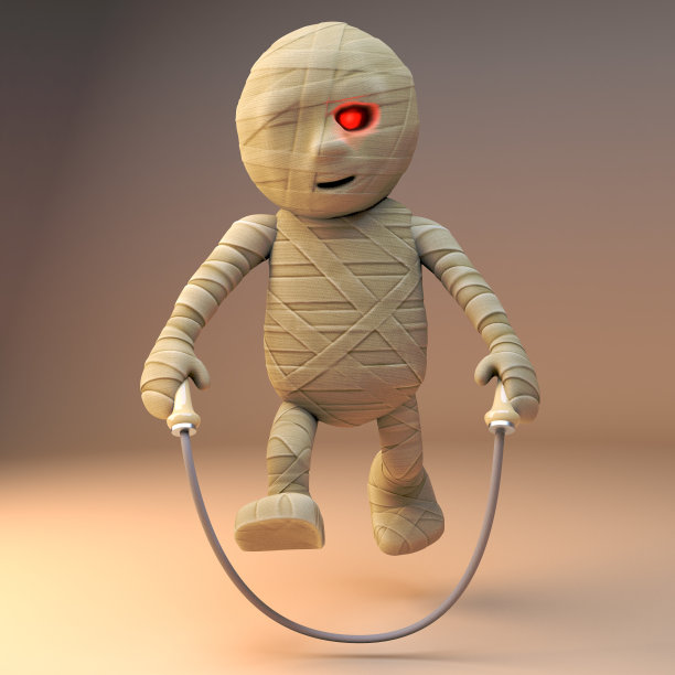 快乐卡通3d埃及木乃伊怪物跳绳，3d插图图片下载