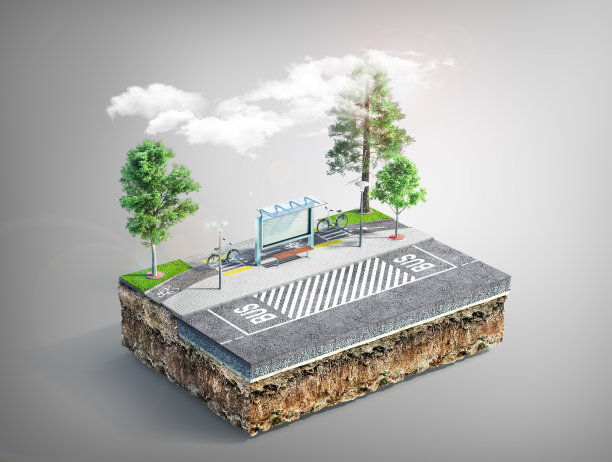 交通的概念。城市公共汽车站在地块上。看到道路结构。三维演示图片下载