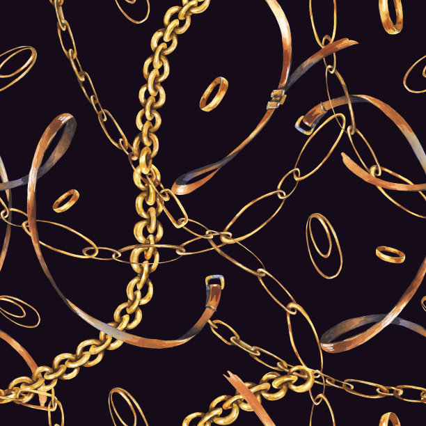 复古水彩皮带，金戒指和链条无缝图案，迷人的收藏在白色的背景图片下载