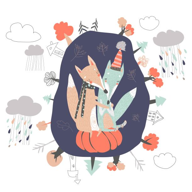 可爱的卡通狐狸在窝里拥抱。你好,秋天图片下载