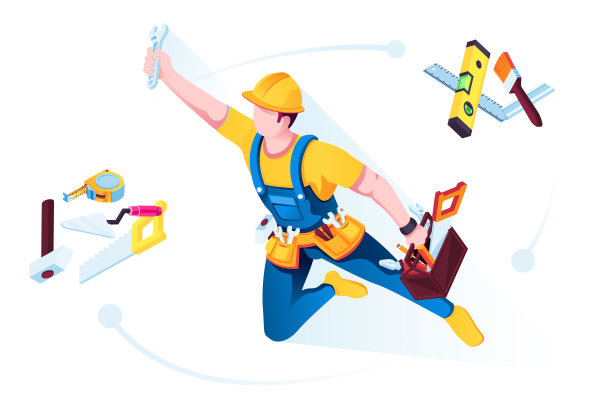 穿制服的工人和建筑工具。穿制服、戴头盔、系腰带的工人。维修工具或房屋维修服务。抹刀和建筑工水平仪，锤子和刷子，锯子和工具箱。图片下载