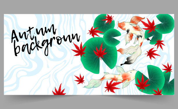 秋季旗帜模板与插图日本池塘锦鲤，日本红色枫叶和荷叶在白色的背景。水彩模拟矢量插图图片下载