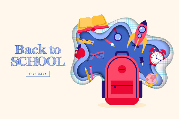 回到学校的横幅设计与背包和学校用品图标图片下载