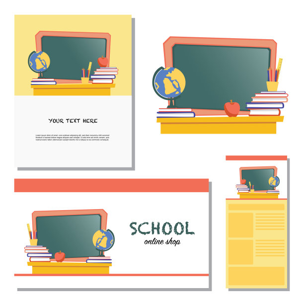 桌子上有书和笔记本，旁边有一个红苹果和一个玻璃杯，里面有钢笔、铅笔和一把尺子。背景是一个用粉笔画的绿色黑板。图片下载