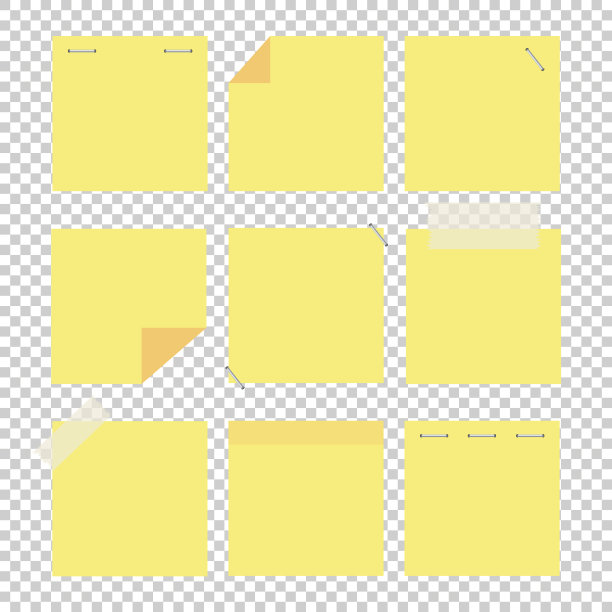 一套彩色办公室黄色贴纸。一个简单的平面矢量插图孤立在一个透明的背景。有文字或图像的空间。图片下载