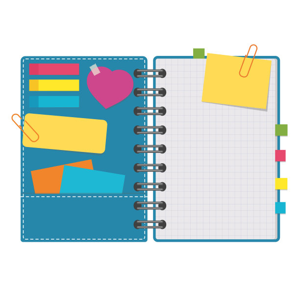 彩色打开的记事本在一个螺旋与书签。清洁页面，用粘性贴纸覆盖。简单的平面矢量插图孤立在白色背景。图片下载