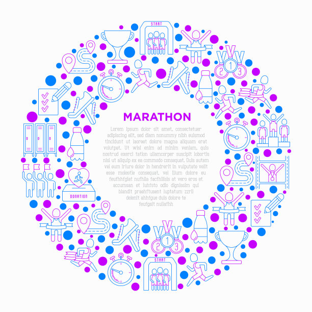 马拉松概念圈内细线图标:跑者、起点、终点、跑鞋、瓶装水、路线、奖品、更衣室、记忆照片、捐赠、粉丝区。矢量插图。图片下载