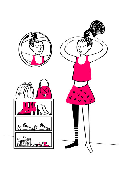 彩色图形涂鸦，抽象的平面设置，极简主义设计与少女时装打扮和梳在镜子前。矢量插图，孤立的背景。图片下载