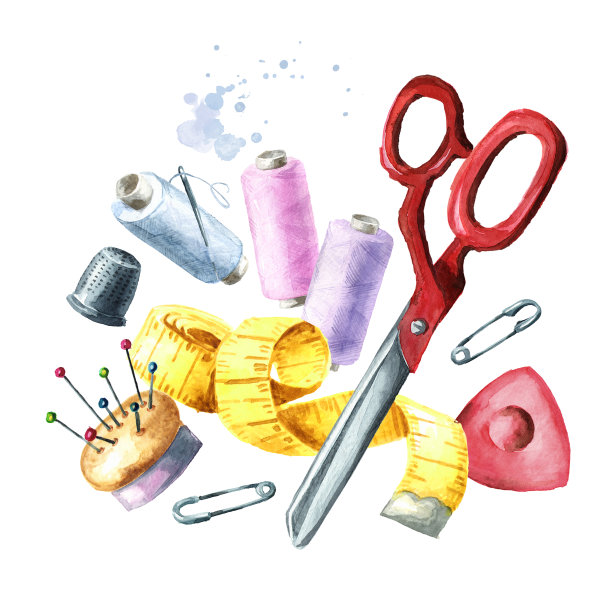 缝纫用品，线轴，剪刀，卷尺。水彩手绘插图，孤立的白色背景图片下载