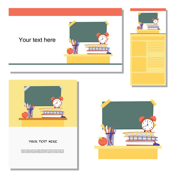 桌上备有笔、记事本、笔记本，以黑板为背景作记录。学校模板打印，网络和移动应用程序。图片下载