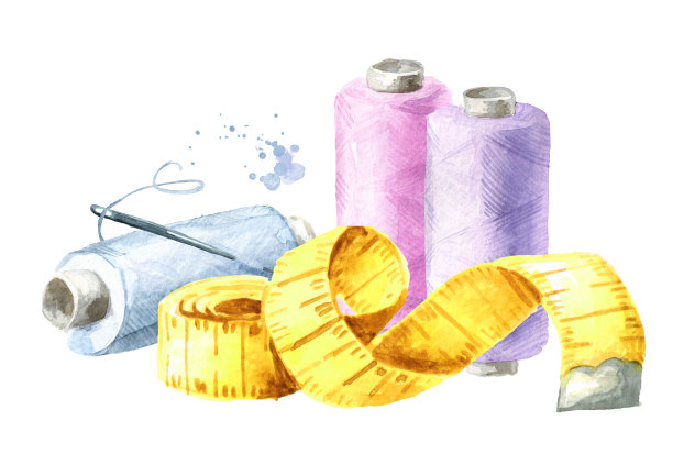 缝纫用品，线轴和卷尺。水彩手绘插图孤立的白色背景图片下载