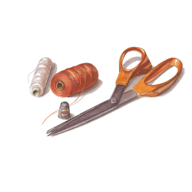 套各种缝纫用品，隔离上白。线轴，顶针，裁缝剪刀。图片下载