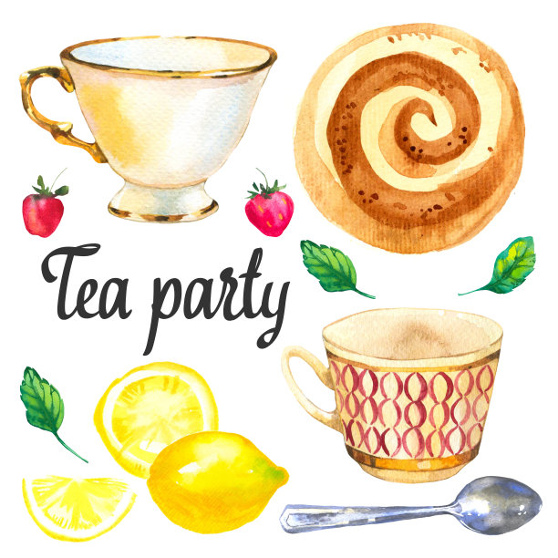 茶话会设置在白色背景上。水彩画有趣的杯子，糖果，糖果，面包，卷。装饰元素与传统热饮为您的设计。多色的装饰。素材图片