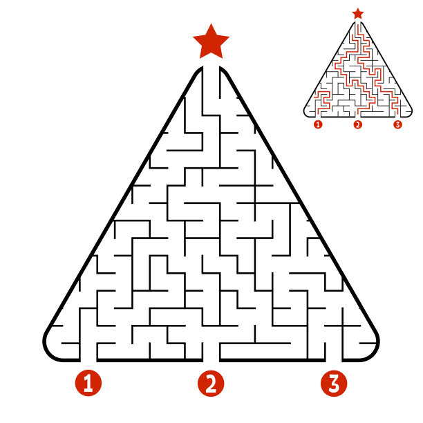 抽象三角形迷宫。孩子们的游戏。儿童益智游戏。找到通往恒星的正确路径。迷宫难题。矢量插图隔离在白色背景上。与答案。圣诞树。图片下载