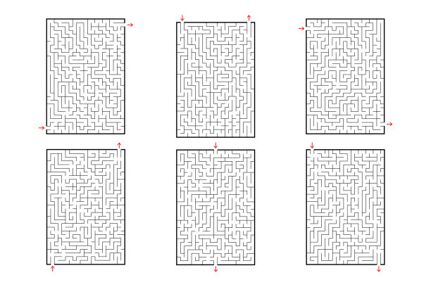 一组长方形迷宫。孩子们的游戏。儿童益智游戏。迷宫难题。平面矢量插图孤立在白色背景上。图片下载