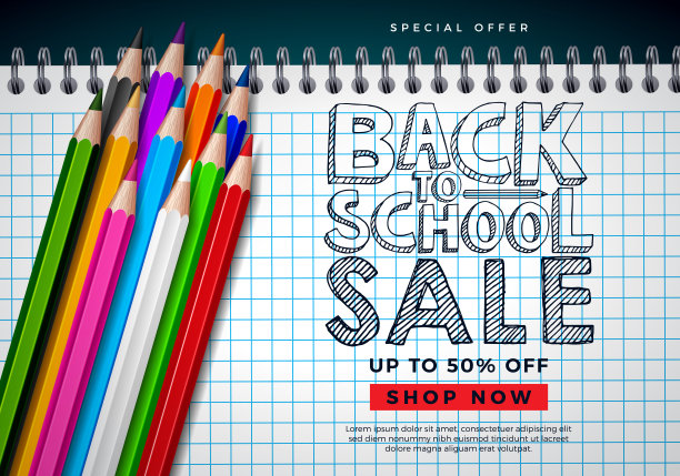 回到学校销售设计与彩色铅笔和排版字母在方形网格背景。矢量教育概念插图特别优惠，优惠券，代金券，横幅，传单，海报或贺卡。图片下载