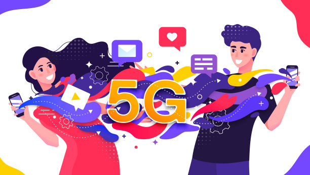 彩色矢量插图描绘了一个5G蜂窝网络，两个快乐的年轻人在他们的手机或智能手机之间快速传输约会数据图片下载