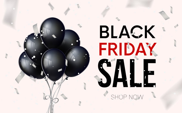 黑色星期五的促销标语。银色的五彩纸屑。黑色的气球。设计模板、广告。孤立的现代图形风格。向量图片下载