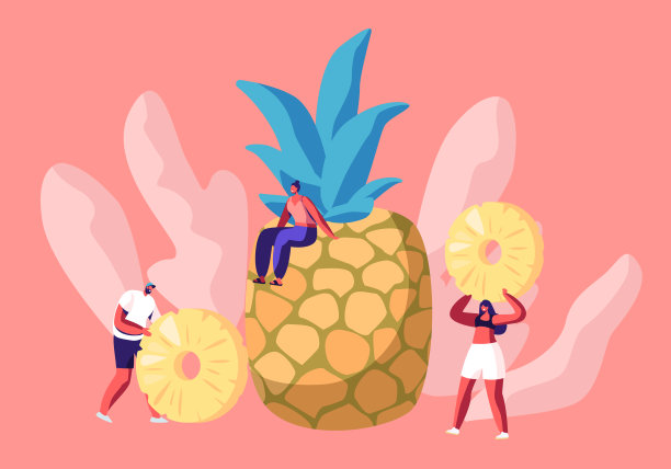 年轻女子坐在巨大的菠萝上，微小的人拿着片在手里，素食和饮食健康食品，强化营养，水果来源的维生素和健康卡通平面矢量插图图片下载