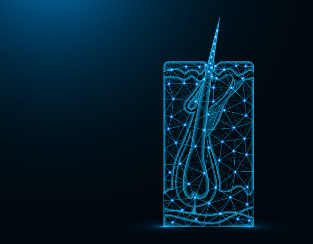 健康毛球低多边形模型，医学抽象图形，头发生长和人体皮肤多边形线框矢量图在深蓝色的背景图片下载