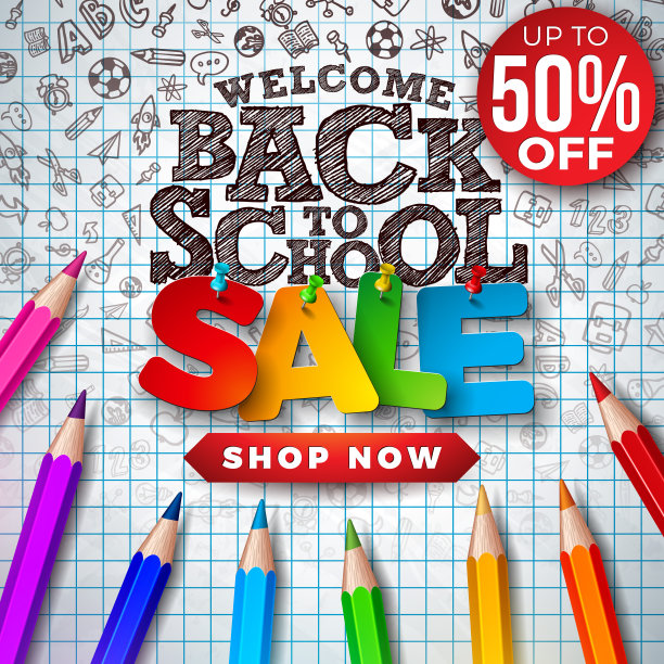 回到学校销售设计与彩色铅笔和手绘涂鸦在正方形网格的背景。矢量插图与特别优惠印刷元素优惠券，代金券，横幅，传单，海报或贺卡。图片下载