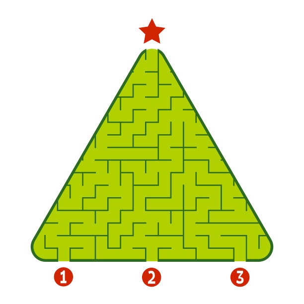 抽象的三角形迷宫。孩子们的游戏。儿童益智游戏。找到通往恒星的正确路径。迷宫难题。平面矢量插图孤立在白色背景上。圣诞树。图片下载