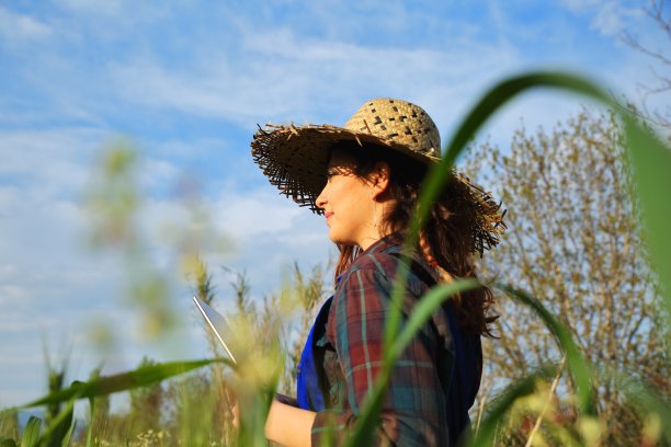 年轻女性农民与数字平板电脑图片下载