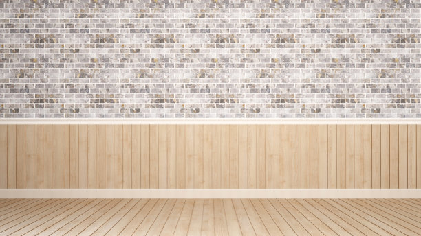 砖墙和木地板装饰在空房的艺术品。砖墙空间添加信息或艺术品设计。三维渲染图片下载