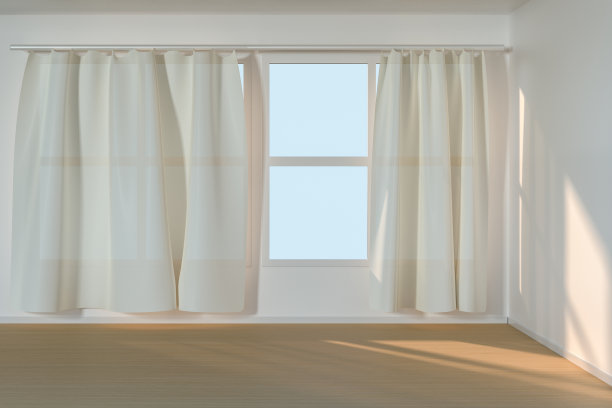一个阳光透过窗帘的空房间，3d渲染。图片下载