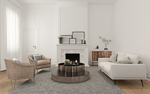 现代室内设计非常明亮的阁楼公寓，意大利风格的家具，壁炉与绘画框架上方，木制侧控制台和墙壁和天花板，3d渲染图片下载