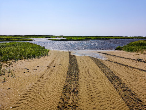 一条沙地上各种类型的汽车行驶的轨迹接近一条河流，这条河流需要涉水，这是遥远北方地区夏季的景观图片下载