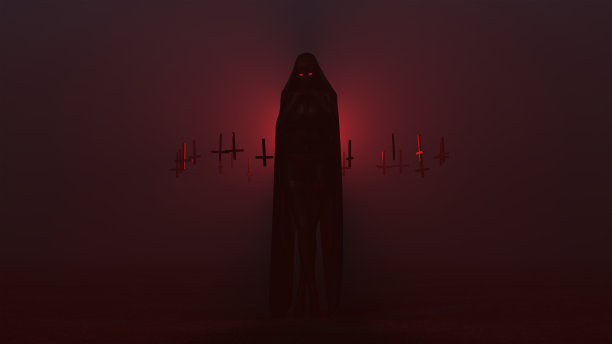 黑色斗篷诱惑的吸血鬼魔鬼包裹在未来的高级定制连衣裙和颠倒漂浮十字架抽象的恶魔在雾空图片下载