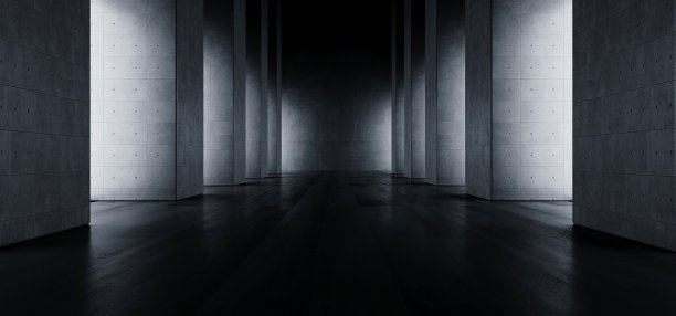 现代优雅的建筑垃圾混凝土柱水泥反射地下走廊房间车库画廊隧道走廊黑暗空的背景3D渲染图片下载
