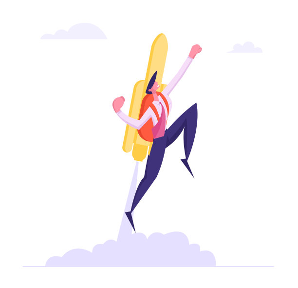 兴高采烈的商人带着喷气背包起飞。坐火箭飞起来的男办公室职员从地面起飞。职业发展，创业和成长。卡通平面矢量插图图片下载