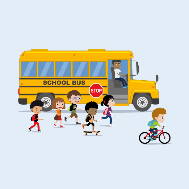 儿童寄宿校车。各种各样的男孩和女孩散步，跑步，骑自行车。图片下载