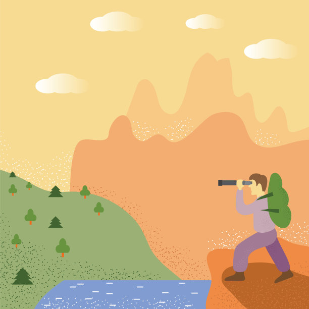 探险家站在类似的地方。用望远镜看森林的人。旅游的概念，发现，徒步旅行，探险旅游和探险。绿色背包的旅行者。图片下载