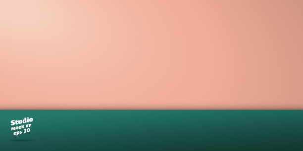 工作室粉彩桃和深绿色的桌子背景。两色调的墙壁和地板房间的透视背景，3d矢量模板模拟展示阶段的产品。奢华bg的节日节日。图片下载