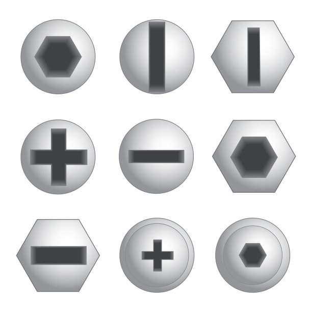 金属螺丝，钢螺栓，螺母，矢量套装。平面设计。图片下载