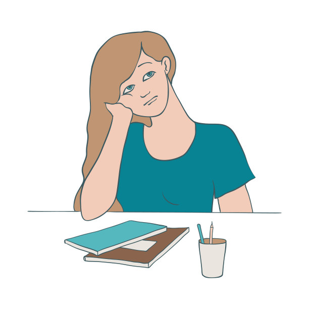 无聊的女人矢量插图的年轻女性角色坐在桌子上，靠她的头在她的胳膊上。图片下载