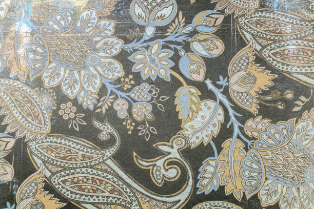 底色为羊绒图案，蓝绿色和赭色，缎子织物图片下载