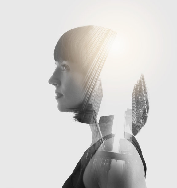 一个女商人和城市景观的多重曝光图片下载