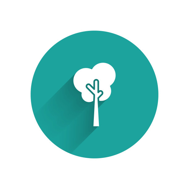 白色的树图标孤立与长影子。森林的象征。绿色圆圈按钮。矢量图图片下载